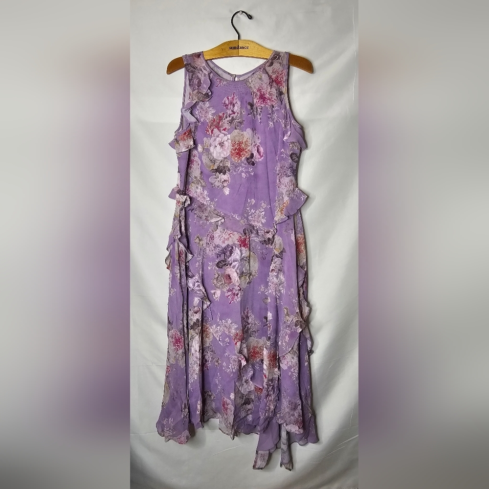 Sundance Faye Lilac Floral Midi Dress Size L Cottagecore Ruffle Asymetric Boho - Picture 5 of 14